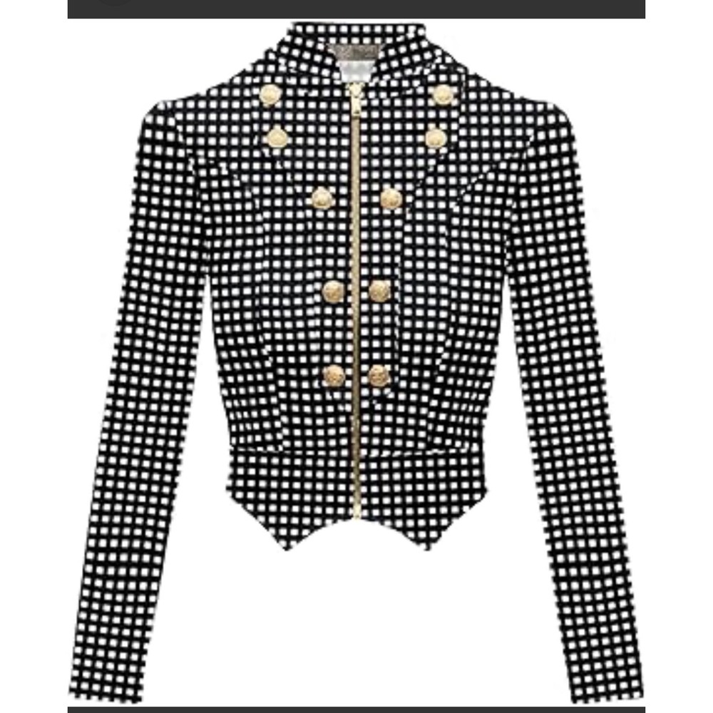 Checkered Military Zipper Blazer Jacket Black White 1X y2k whimsigoth retro moto